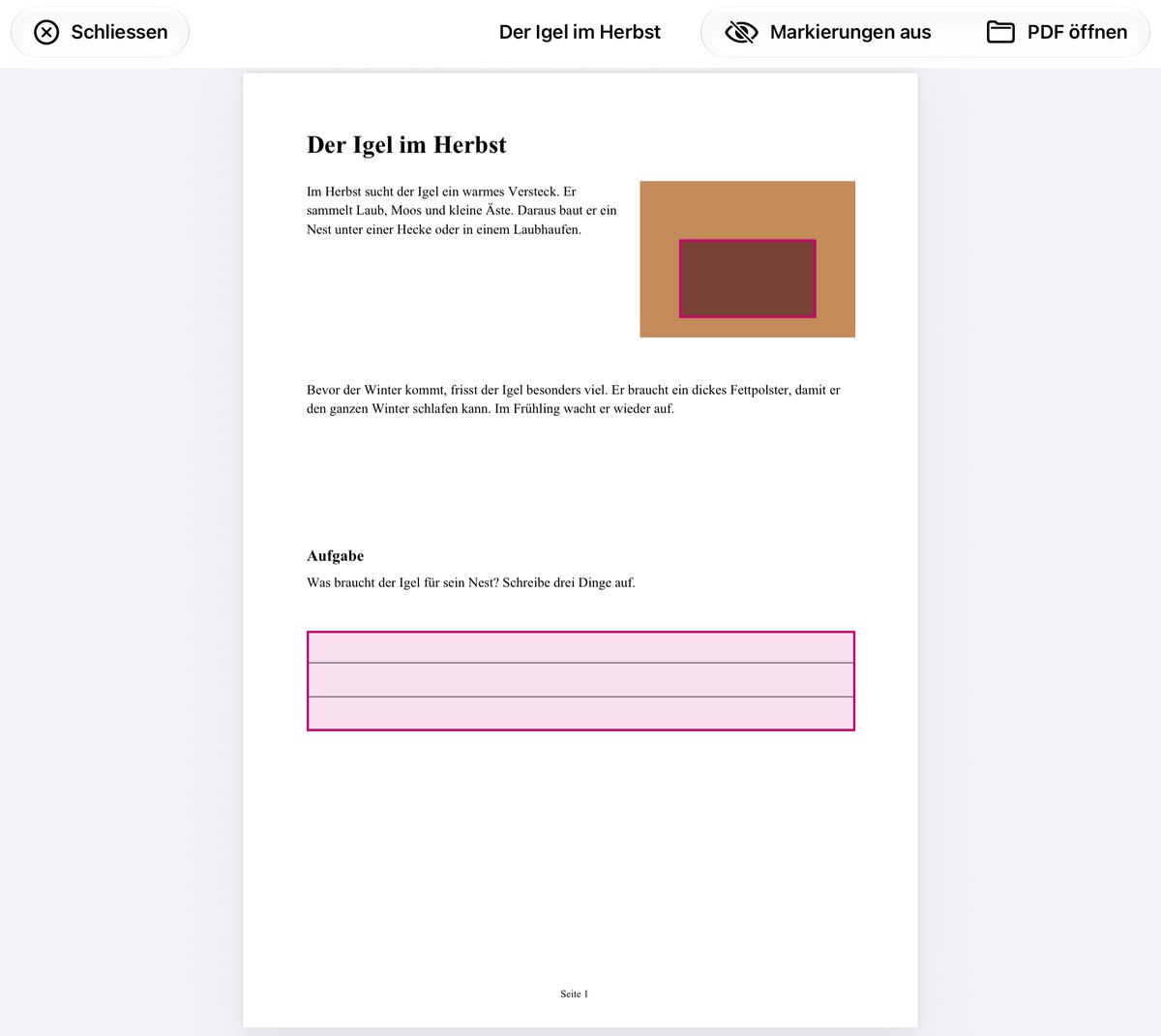 Bildschirmfoto von PDF Text Field: Arbeitsblatt «Der Igel im Herbst». Die Schreiblinien unter der Aufgabe sind als Formularfeld erkannt und rosa markiert.