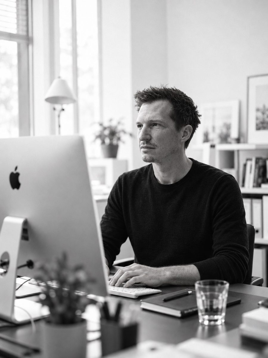 Philipp am Schreibtisch vor dem Computer in seinem hellen Arbeitszimmer (Schwarzweissfoto)