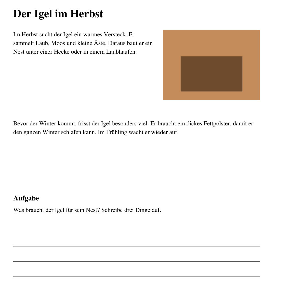 Original-Arbeitsblatt «Der Igel im Herbst» in einer schmalen Serifenschrift mit engen Zeilen.
