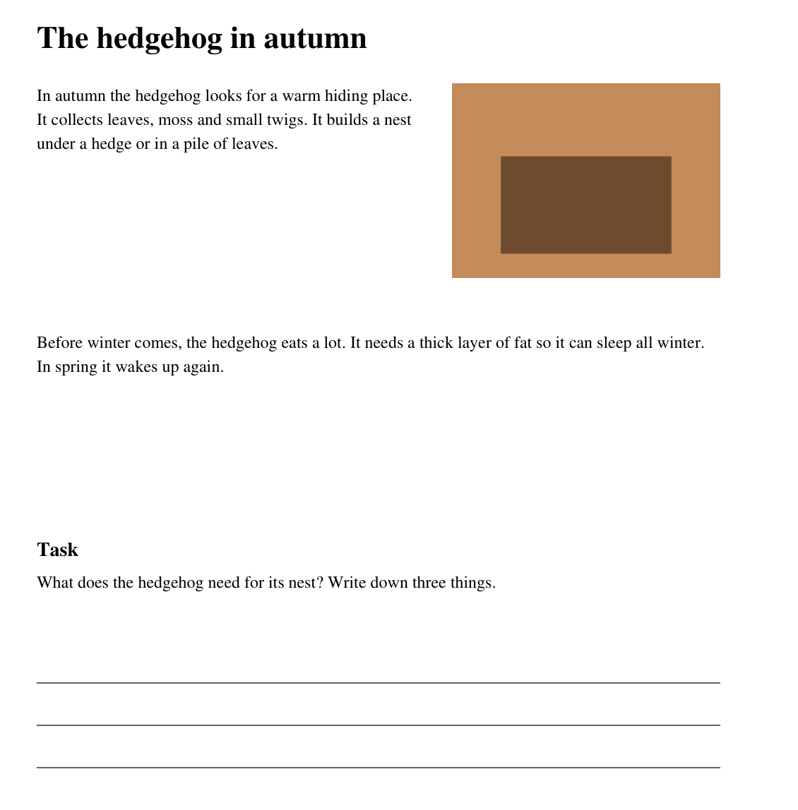 Original worksheet “The hedgehog in autumn” in a narrow serif font with tight lines.